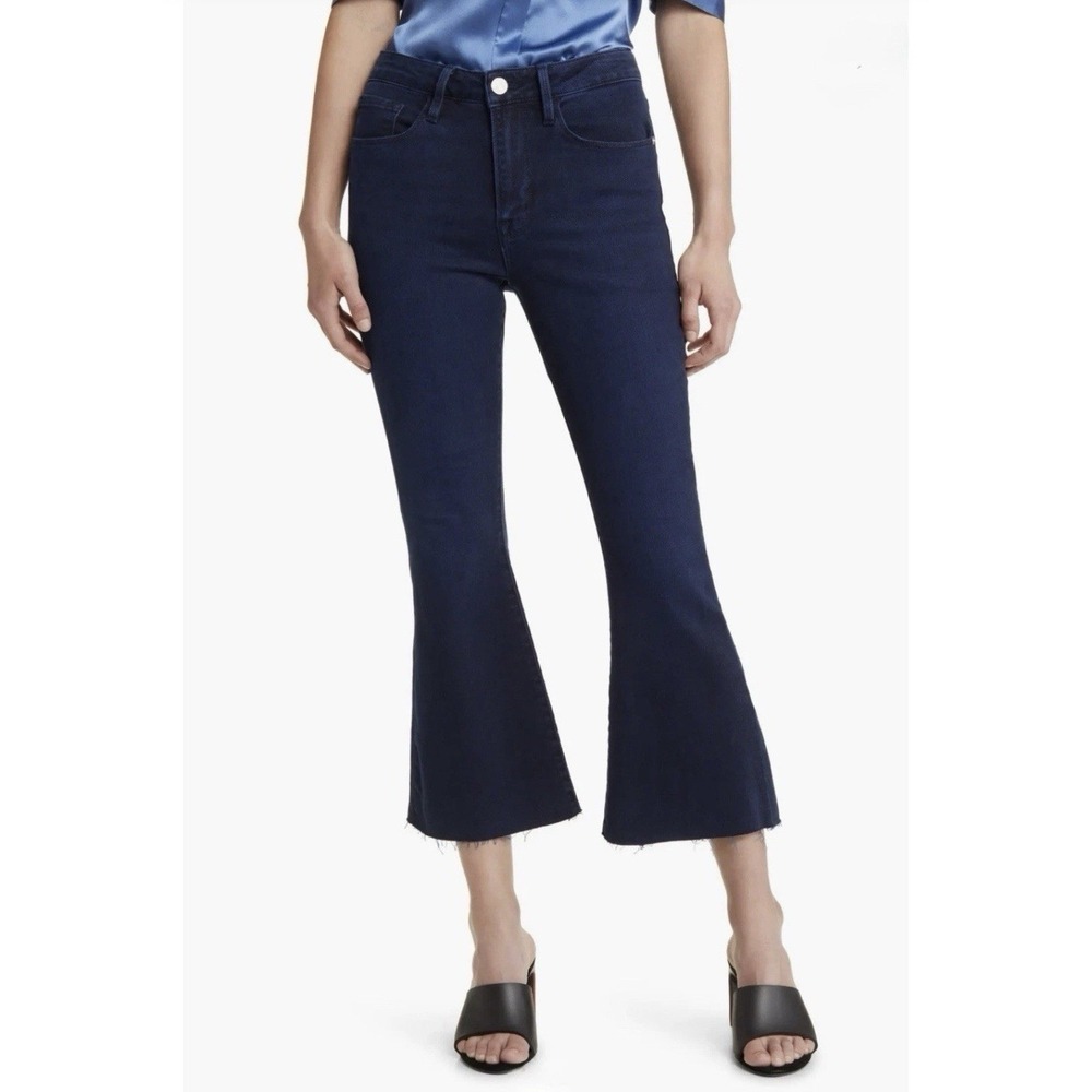 FRAME Le Crop Flare Raw After Jeans High Rise Ankle Fiona Dark Wash Blue Size 34